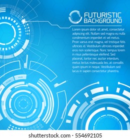 Modern virtual technology background with stamps of touch screen interface circle elements and selector buttons with editable text on blue background vector illustration
