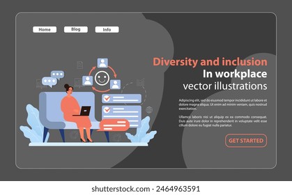 Modern virtual workspace dynamics. Woman on laptop efficiently coordinating with diverse team members, underscoring the essence of diversity and inclusivity in today's digital work era. Flat vector