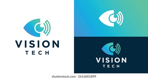 Modern vision tech logo template. Eye with signal wifi logo design vector illustration.