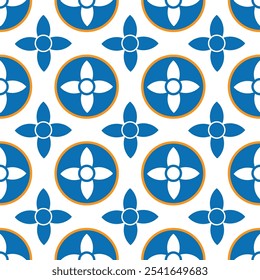 Modern and visually appealing floral design with seamless geometric pattern and stylized quatrefoil flowers in blue and orange, suitable for various applications