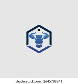 Design de emblema moderno e visualmente impressionante, com uma cabeça de touro estilizada integrada em uma forma geométrica de casa. Ideal para negócios relacionados a imóveis, construções ou fazendas que buscam uma forte