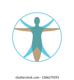 Modern vitruvian man. Sign of human figure enclosed in circle for illustration for medicine, science, health. Symbol of drawing of Leonardo da Vinci. Color flat icon on white background