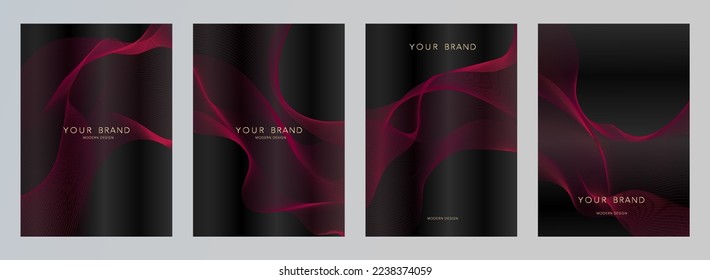 Modern viva magenta color cover design set. Abstract wavy line pattern (guilloche curves) in red, black. Creative stripe vector layout for business background, certificate, brochure template, booklet