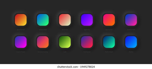 Modern Vivid Color Bright Gradients Set Vector For UI UX Design On Dark Neumorphic Abstract Background  Different Variations Gradient Schemes For Graphic Design And Web Or Mobile Application