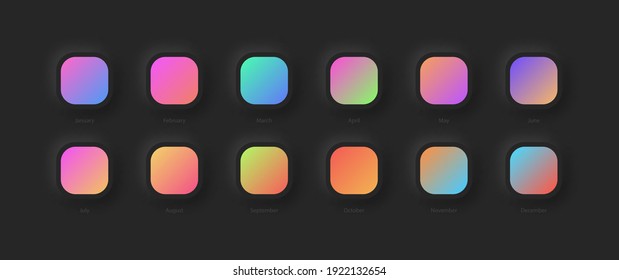 Modern Vivid Color Gradients Set For UI. Design Vectors On Dark Neumorphic Abstract Background. Different Variations Gradient Schemes For Graphic Design And Web Or Mobile Application