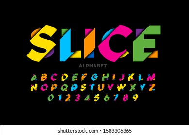 Modern vivid color sliced style font, colorful alphabet letters and numbers vector illustration