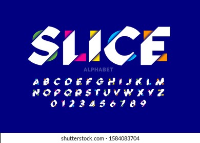 Modern vivid color sliced style font, colorful alphabet letters and numbers vector illustration