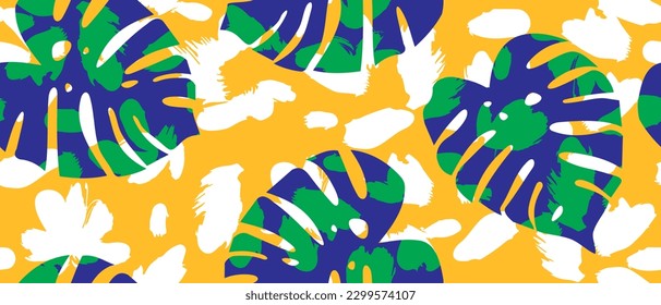 Modern Vivid Colors Print with Tropical Leaves. Mostera Leaves Seamless Vector Pattern. Simple Jungle Print with Royal Blue Hand Drawn Palm Leaves with Green Spots on a Yellow-White Background.