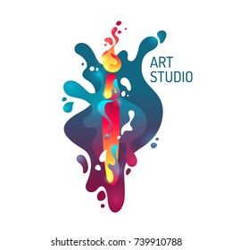Moderno y vívido estudio de arte de carteles. Formas abstractas y salpicaduras en un fondo oscuro. Ilustración vectorial.