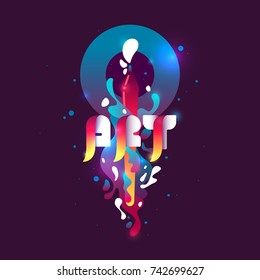 Modern vivid poster Digital art. Abstract shapes and splashes on a dark background. Vector illustration.