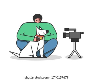 Modern vlogger creating video with dog for blogger channel using modern camera. Creative male cartoon character filming video with pet. Lifestyle streamer making new content. Vector illustration