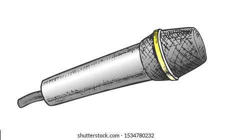 Modern Vocal Microphone Karaoke Color Vector. Audio Microphone For Broadcast Or Live Speech Engraving Concept Template Hand Drawn In Vintage Style Illustration