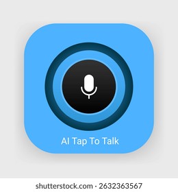 Ícone de interface do usuário do assistente de voz moderno com um botão circular do microfone em um plano de fundo azul brilhante.