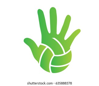 Modern Volleyball Logo - Green Hand Palm And Volleyball Ball Symbol