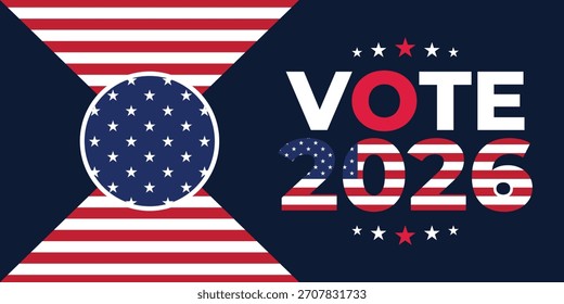 Banner Modern Vote 2026 com um conceito circular de bandeira americana, cores patrióticas arrojadas e layout limpo ideal para campanhas eleitorais e marketing político.