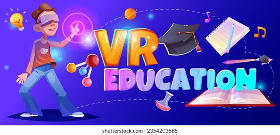 Modern VR education poster. Horizontal isometric banner with virtual reality and school supplies, online learning and student with glasses. Technology and knowledge. Cartoon flat vector illustration