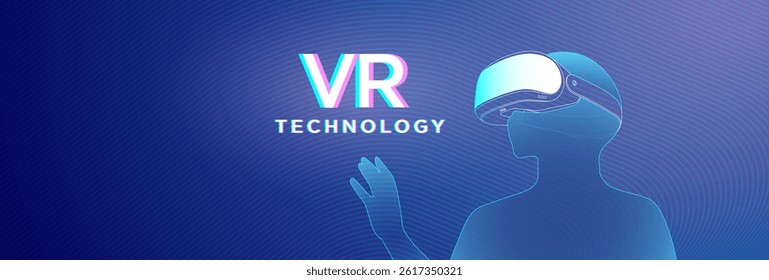 Modern VR technology concept showing a headset and hand interaction with gradient background. Ideal for graphic designers working on virtual reality or digital interface themes.
