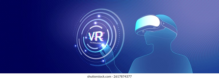 Modern VR technology concept showing a headset and hand interaction with gradient background. Ideal for graphic designers working on virtual reality or digital interface themes.