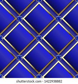 Modern waffle 3d dark blue vector seamless pattern. Geometric ornamental jewelry background. 3d rhombus and diamonds with gold frames. Gradient texture. Repeat gemstones backdrop. Blue 3d sapphires