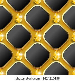 Modern waffle 3d vector seamless pattern. Geometric ornamental jewelry background. 3d rhombus and yellow shiny diamonds with gold frames. Gradient texture. Repeat gemstones backdrop. Endless texture