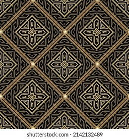 Modern waffle seamless pattern. Waffled ornamental ropes background. Grid repeat rhombus backdrop. Greek ornaments. Rhombus frames, 3d gold buttons. Tribal ethnic repeat backdrop. Greek key meanders.