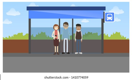 modern waiting shed with people vector illustration