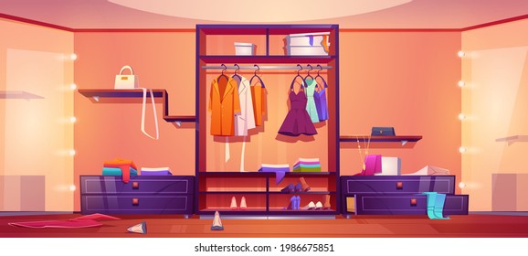 Modern walk in closet with mess, untidy woman clothes and shoes on wardrobe shelves and floor. Vector cartoon interior of empty cloakroom for apparel storage and dressing with big mirrors and hangers