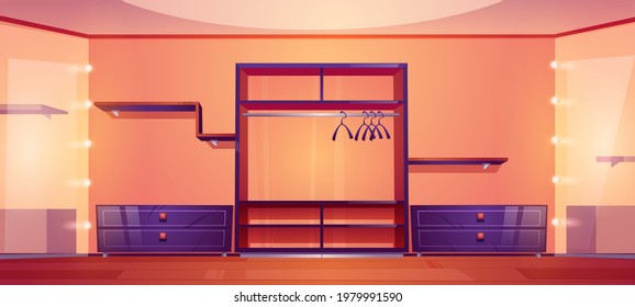 Modern walk in closet with wardrobe shelves for clothes and shoes, hangers for dresses and big mirrors with light bulbs. Vector cartoon interior of empty cloakroom for apparel storage and dressing