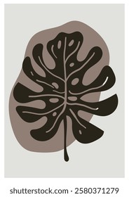 Modern wall art. Abstract Boho  botanical poster with a dark monstera leaf, organic shapes, and earthy tones