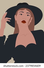 Afiche estético de arte mural moderno con una mujer joven en el sombrero. Mujer boho con vestido negro.