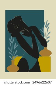 Modern wall art aesthetic silhouette of young woman. Minimalistic woman line art silhouette
