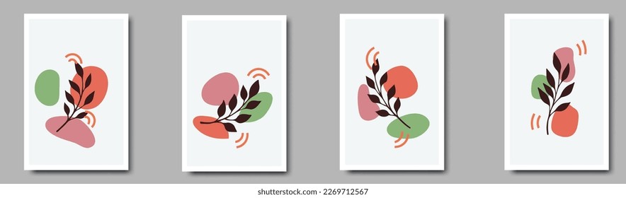 Modern wall art backgrounds, posters with botanical elements and abstract colorful shapes. Minimal design.