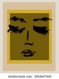 Modern wall art composition.Drawing a face with a brush.Minimalistic abstract design.The texture of the brush stroke.