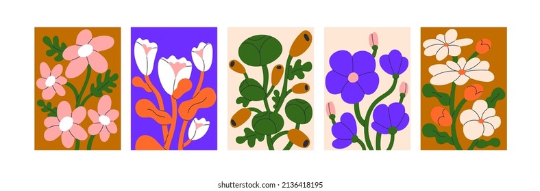 Modern wall art designs with abstract Matisse-inspired flowers. Contemporary interior posters, paintings set. Vertical placards. Floral artworks with stylized plants. Colored flat vector illustrations