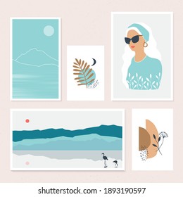 Modern wall art gallery,abstract art set.Vector portrait of a girl and natural landscape.