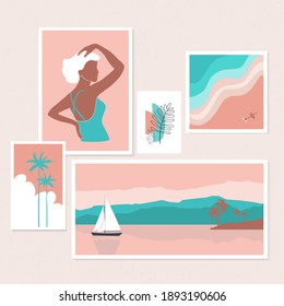 Galería de arte mural moderna, conjunto de arte abstracto.Retrato vectorial de una chica y paisaje natural.