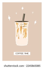 Modern wall art poster for coffee shop or kitchen. Latte or cappuccino ice coffee in transparent plastic cup and straw. Milk tea with splashes in takeaway glass. Flat style vector illustration.