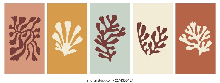 Montaje de arte mural moderno. Hojas abstractas al estilo nórdico escandinavo. Plantilla de logotipo dibujado a mano, tarjeta de saludo o diseño de afiches