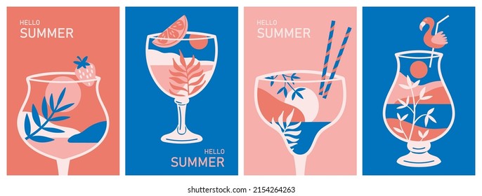 Modern wall art print set. Abstract cocktail glasses with sea beach landscape. Summer template for greeting card, banner, packaging, cover and social media design