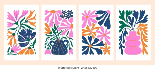 Modern wall art print set. Abstract summer blooming flowers. Hand drawn template, greeting card or poster design