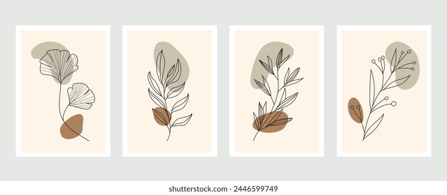 Conjunto de Ilustraciones vectoriales de arte mural moderno. Arte de línea de Formas abstractas y ramas de plantas. Diseño de arte de plantas botánicas para la decoración del hogar, bolsa de asas, camiseta, etiqueta engomada e impresión. Arte minimalista de la pared.