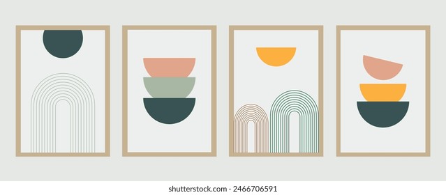 Modern wall art vector illustrations set. Abstract shapes for home wall décor. Boho aesthetic interior designs for print. Rainbow, sun, and pots. Minimalist wall arts.