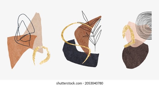 Modern wall art with watercolor abstract shape, gold stains, floral elements. Minimalist mid century poster set