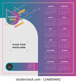 Modern Wall Calendar 2019. Week starts on monday