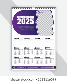 Modern wall calendar 2025 creative and colorful One page calendar design template