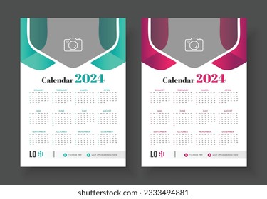 Modern wall calendar design 2024 template. Print Ready One Page wall calendar template design for 2024. Week starts on Sunday calendar design 2024