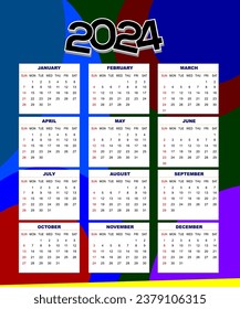 Modern wall calendar design 2024. Print Ready One Page wall calendar template design for 2024. Week starts on Sunday