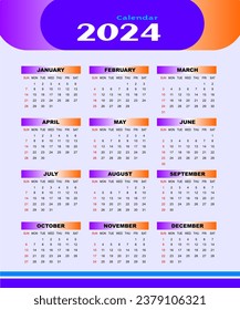 Modern wall calendar design 2024. Print Ready One Page wall calendar template design for 2024. Week starts on Sunday