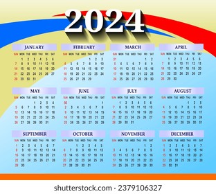 Modern wall calendar design 2024. Print Ready One Page wall calendar template design for 2024. Week starts on Sunday