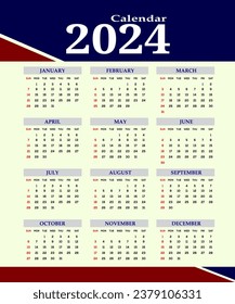 Modern wall calendar design 2024. Print Ready One Page wall calendar template design for 2024. Week starts on Sunday